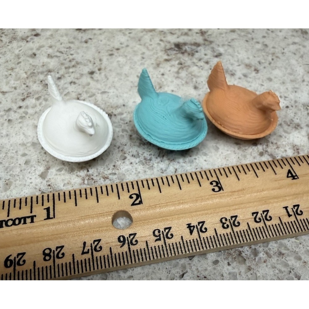 Hen On Nest Miniature 3D Printed Lot Of 3 White Teal Tan 1" Trinket Tray Mini